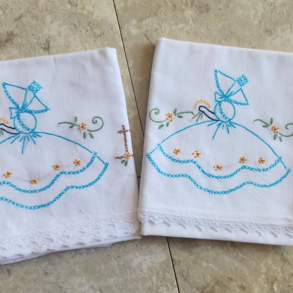 2 New Handmade Beautiful Embroidered Pillow Cases Lady w/Sun Bonnet Fancy Skirt